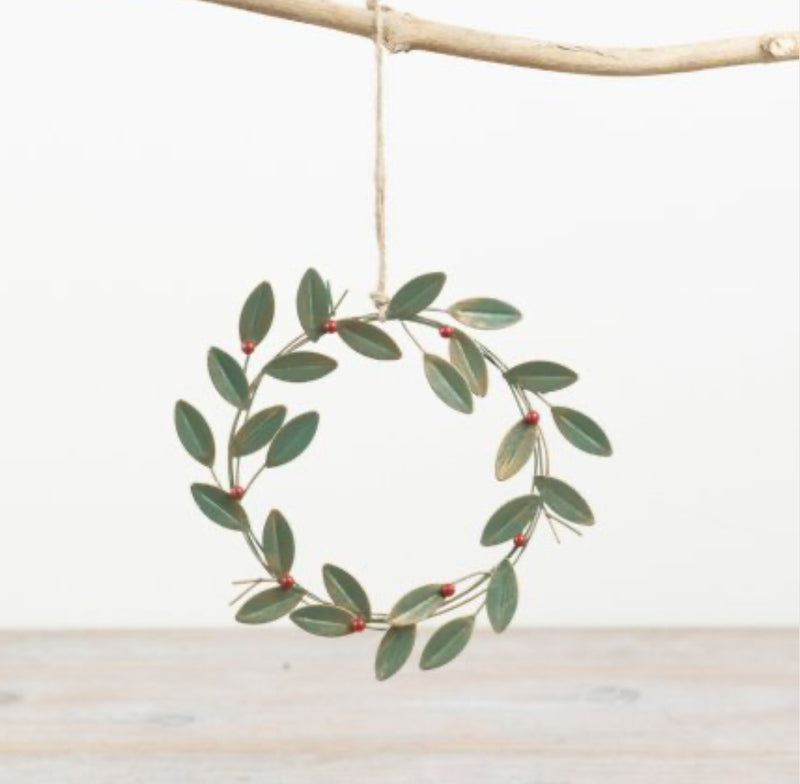 Red berry laurel metal hanging round wreath 17cm