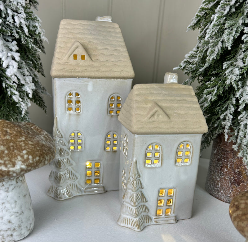 LED lit ceramic house with tree detail 2 sizes
