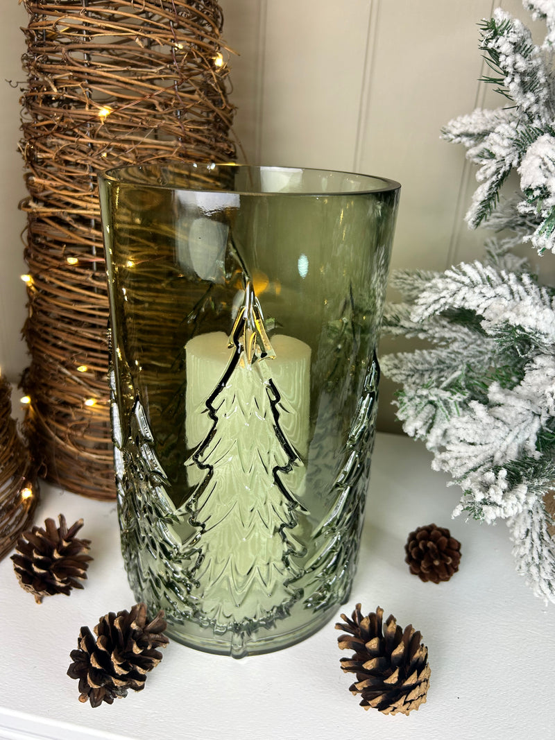 Large glass Green tree Forest Candle Holder embossed