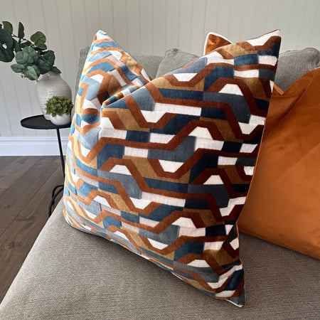 Metro Blue ecru ginger rust textured print cushion 45cm