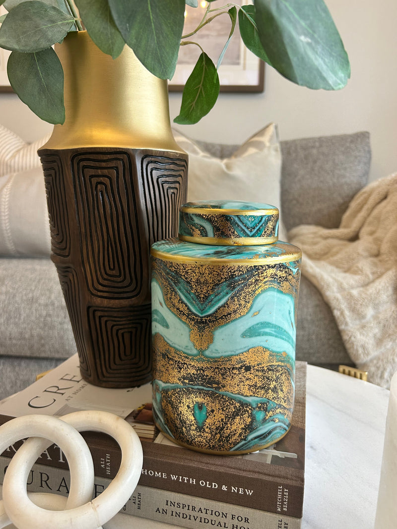 Dark wood look brown and gold textured vase 2 sizes
