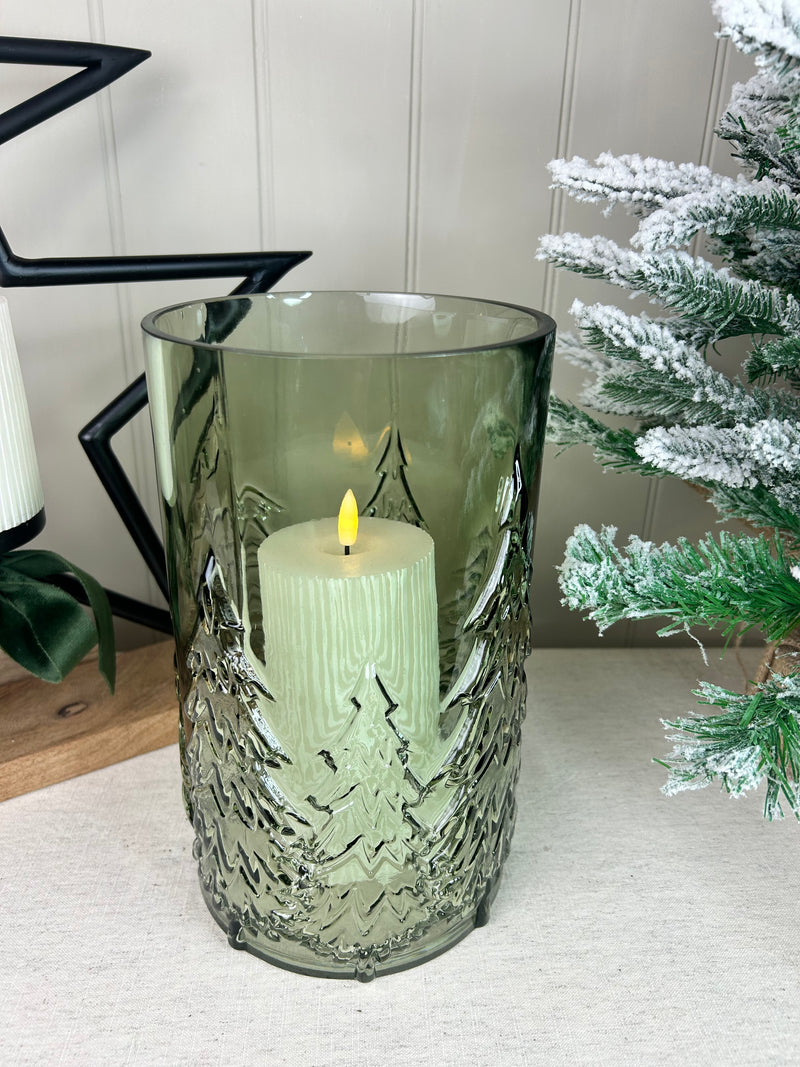 Large glass Green tree Forest Candle Holder embossed