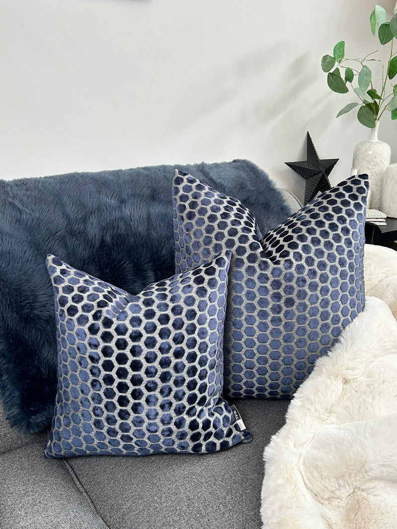 Navy Blue Jorvik Hexagon Velvet Cushion Two Sizes