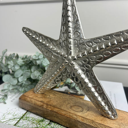 Star fish silver on wooden plaque