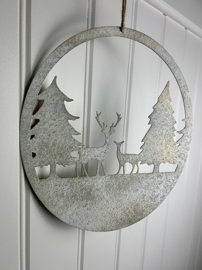 Rustic metal deer reindeer hanging scene 30cm