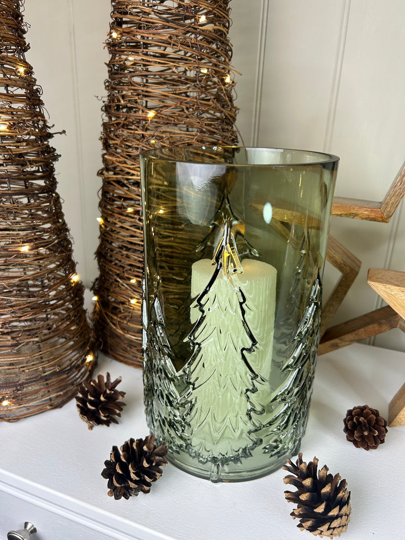 Large glass Green tree Forest Candle Holder embossed