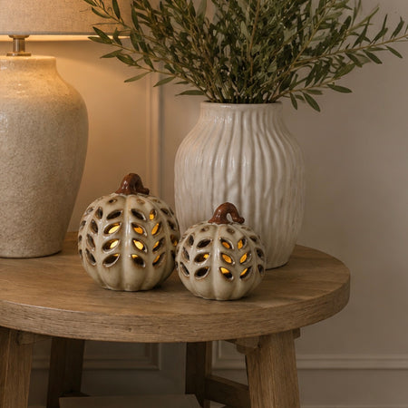 Neutral Two Tone LED Light up Ceramic autumn Pumpkins, 2 Sizes