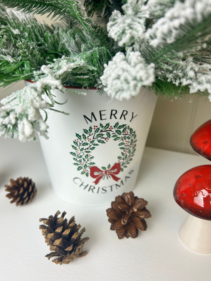 White & Red Christmas Wreath Metal Plant Pots 3 sizes