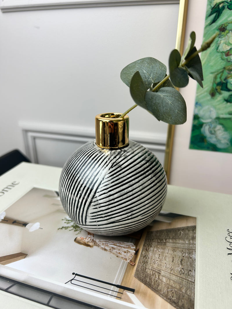 Gold and black white round bud vase
