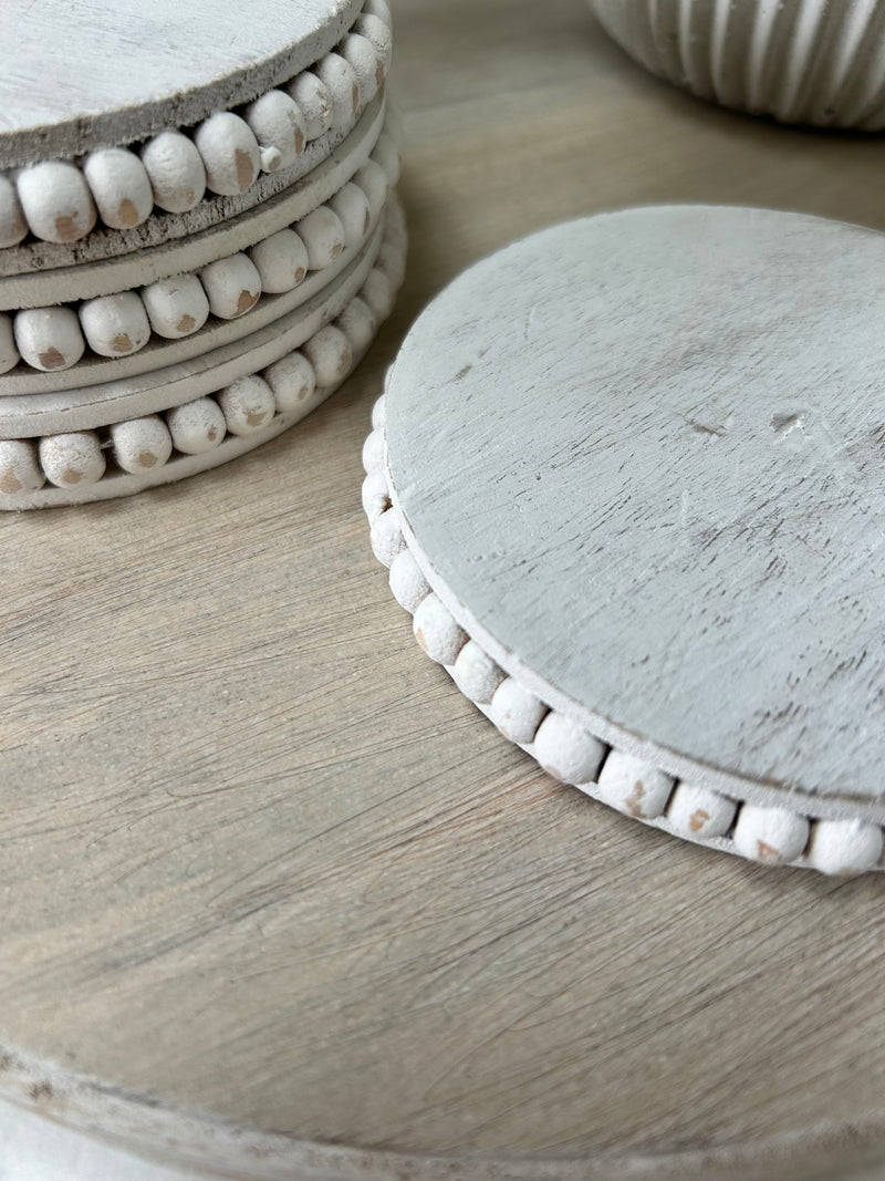 Beaded mango wood white coasters set of 4