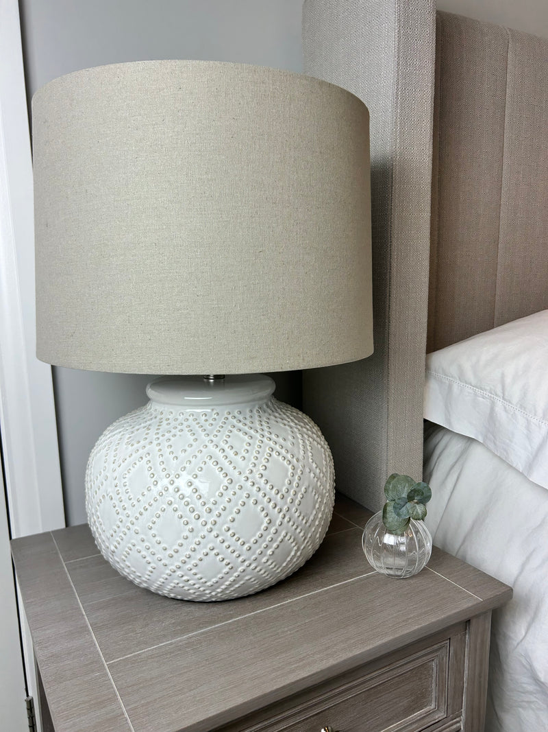 Squat beaded bobble ceramic lamp with shade