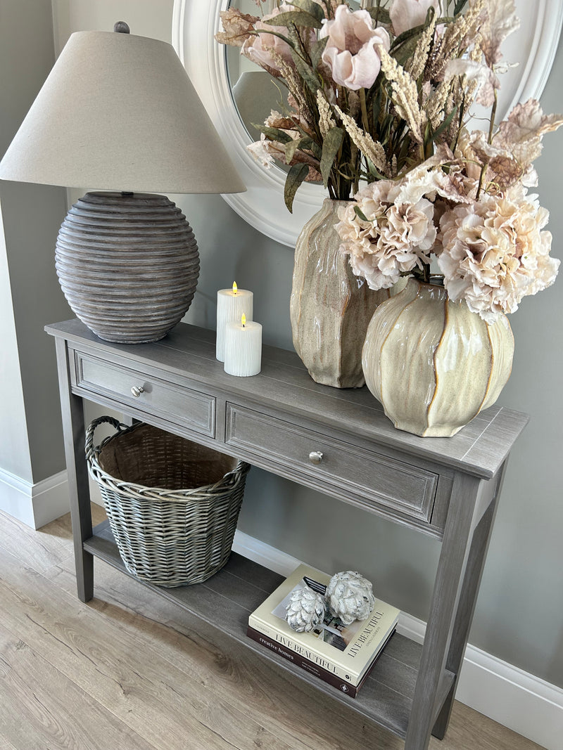 Washed wood 2 drawer console table with shelf
