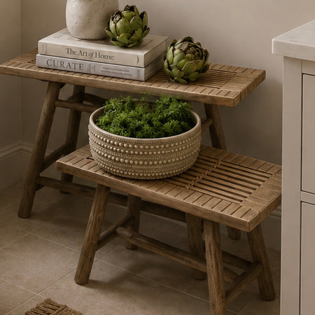 Wooden woven stool scandi bench 2 sizes