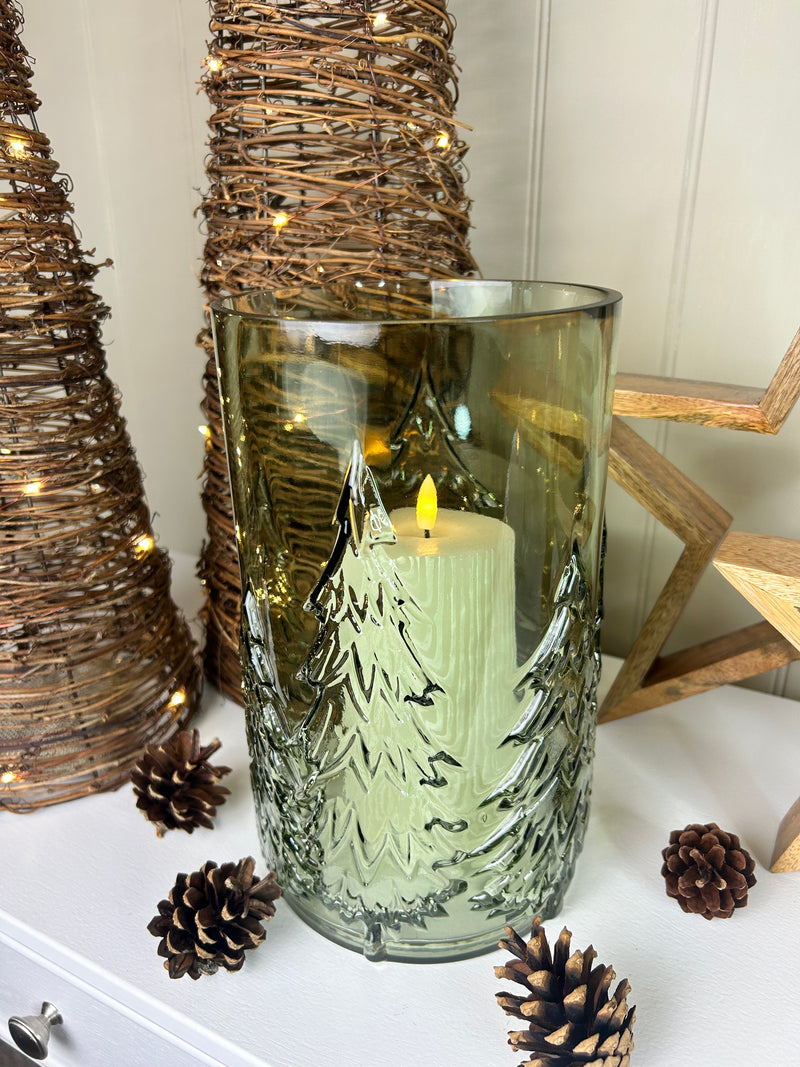 Large glass Green tree Forest Candle Holder embossed