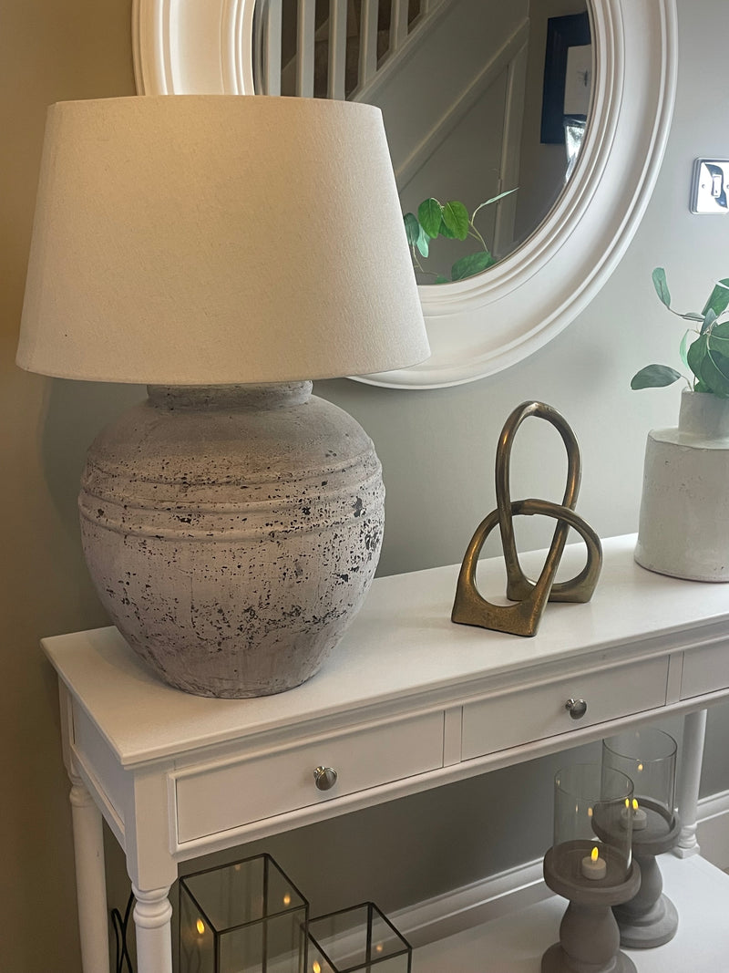 Large Distressed stone Terracotta Table Lamp with natural Linen Shade