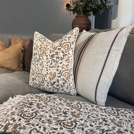 Brown beige floral print cushion cover 45cm and throw 130x150cm