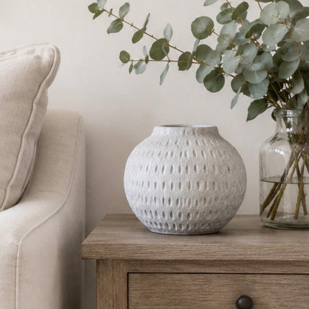 White textured round chunky stone simple vase 19cm