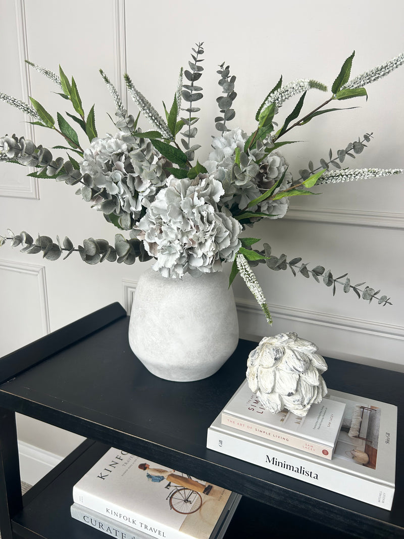 Bouquet arrangement grey/taupe hydrangeas white Veronica eucalyptus bunch.