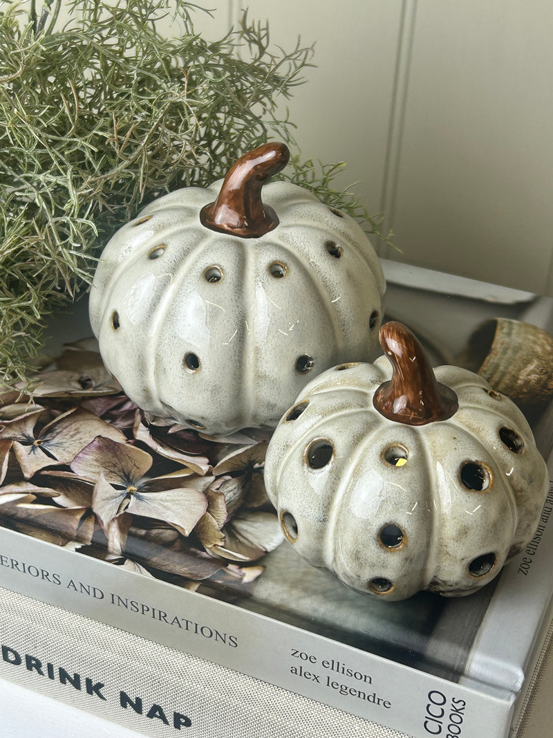 Ceramic rustic two tone autumn Halloween pumpkin LED lit 2 sizes