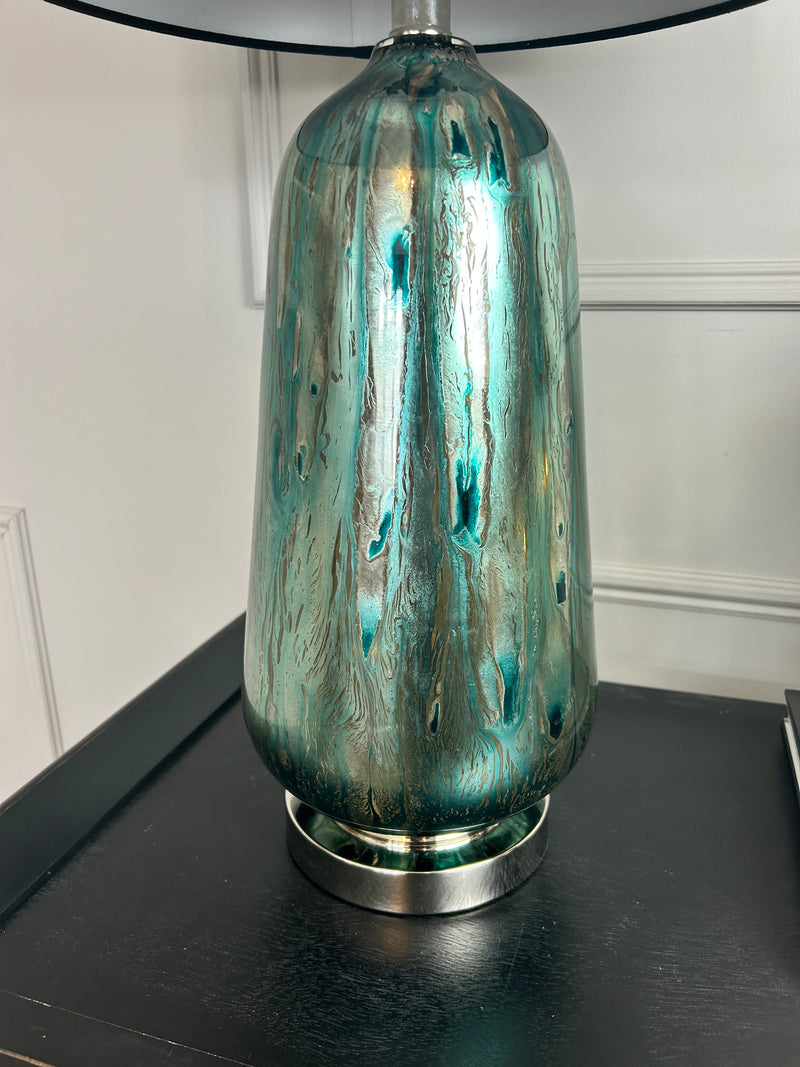 Blue and silver abstract peacock glass lamp with black shade