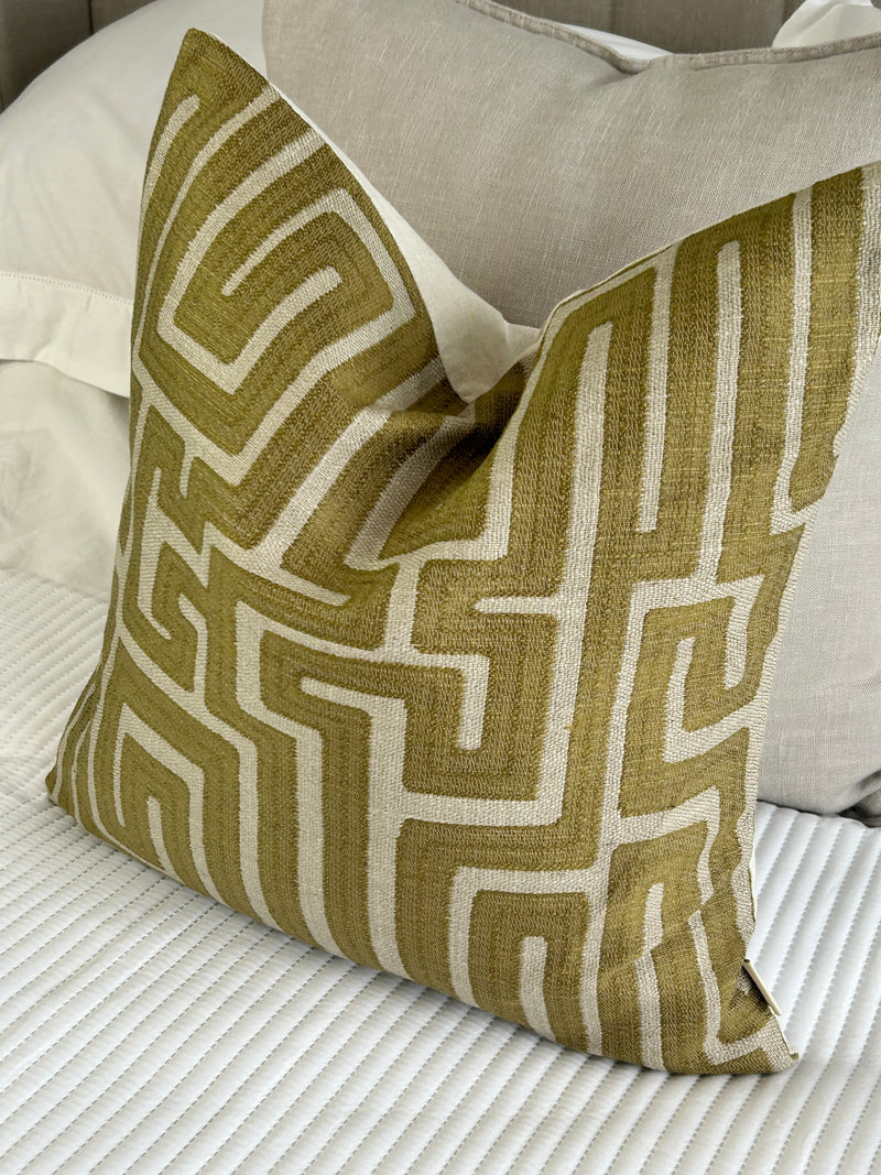 Green geo linen modern cushion 45cm