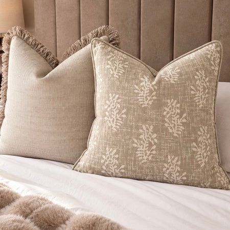 Natural cream taupe floral flock printed double sided cushion 50cm