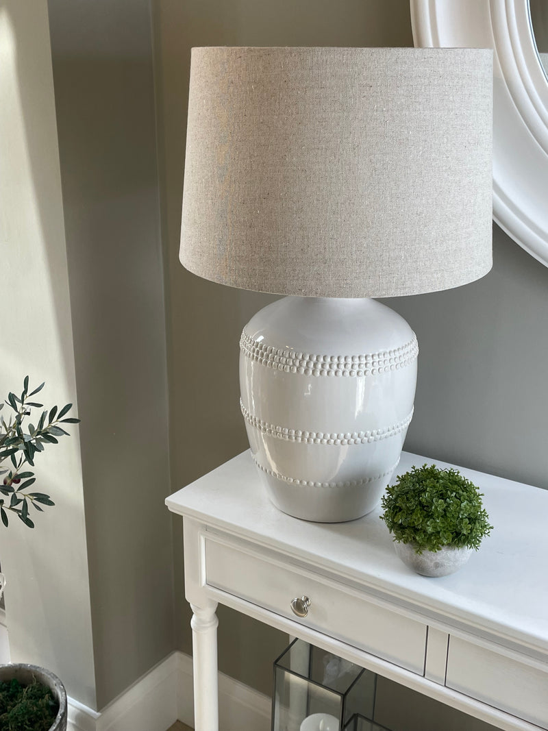 Off White beaded bobble ceramic lamp with linen shade