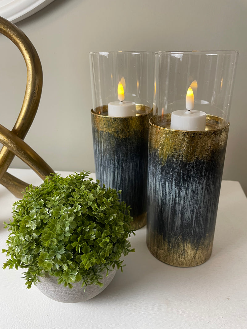 Pair of Distressed Gold & Blue Tall Candle Holder