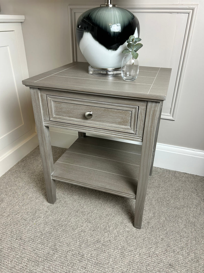 Serene washed wood one drawer side table bedside