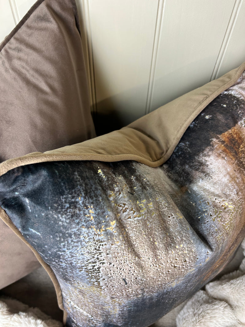 Paul Moneypenny Bronze brown navy Abstract Too Good Velvet Cushion 45cm