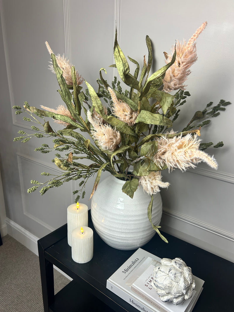 Green tall reed, green sorghum grass and mocha oyster alexis stem arrangement