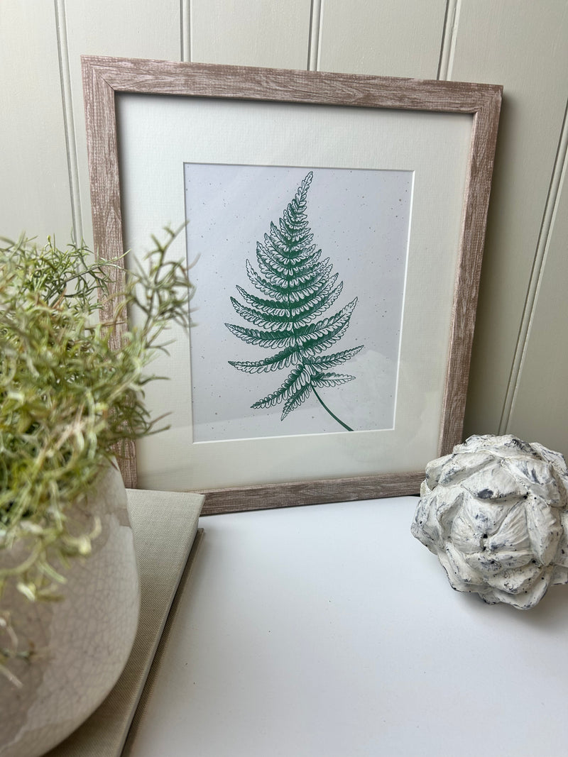 Fern botanical natural green white cream washed wood frame mounted art picture 3 styles
