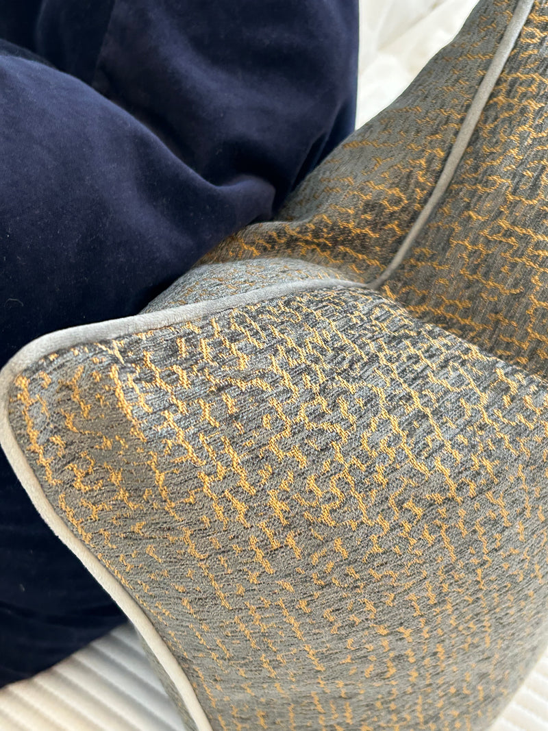 Cirro Grey ochre two tone Jacquard Weave piped Feather Filled Cushion 45x45cm