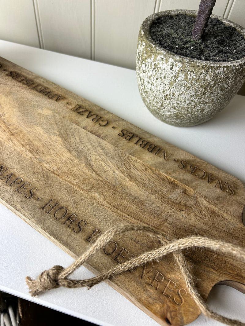 Mango wood etched canopy grazing board large 70x18