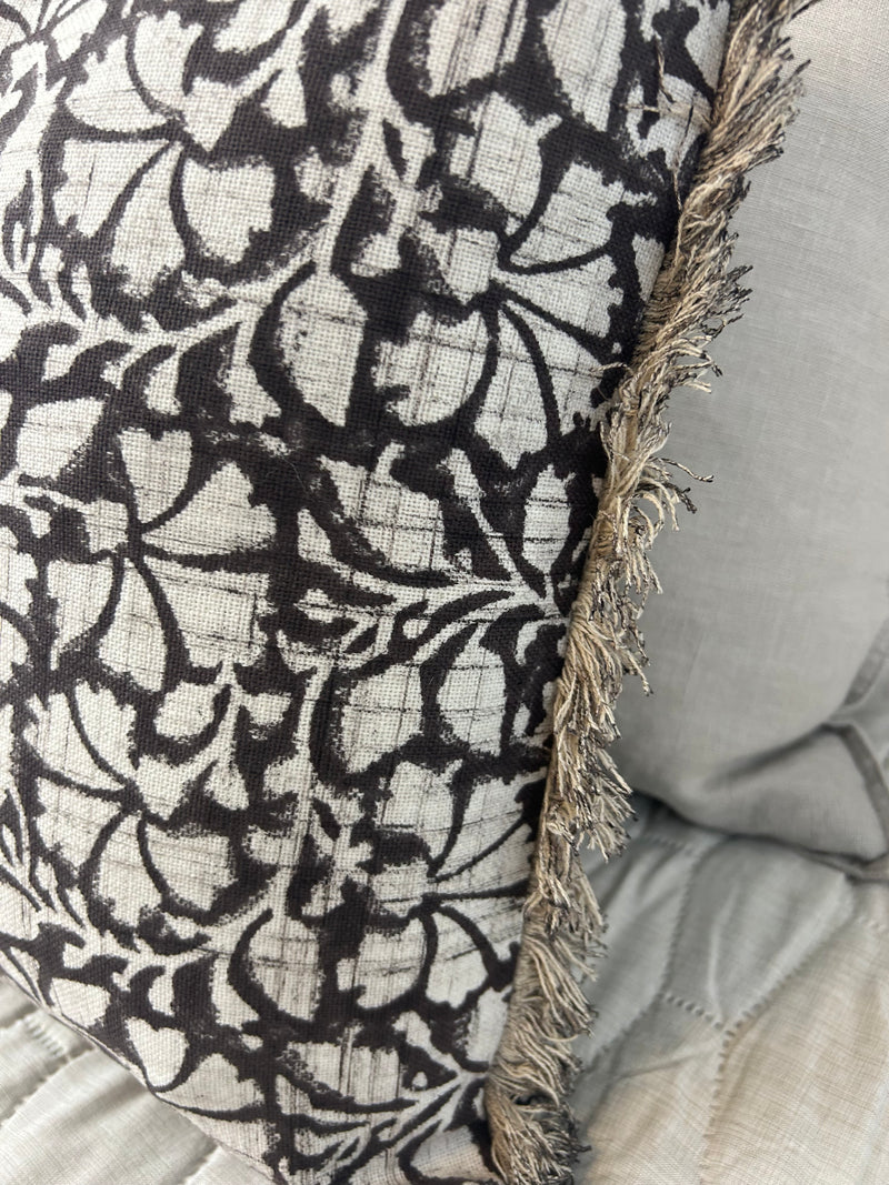 Brown print mocha stone cream print tassel edge cushion