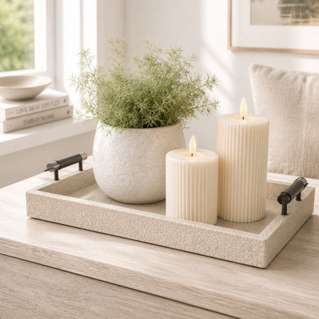 Cream leather look woven tray with gunmetal handles