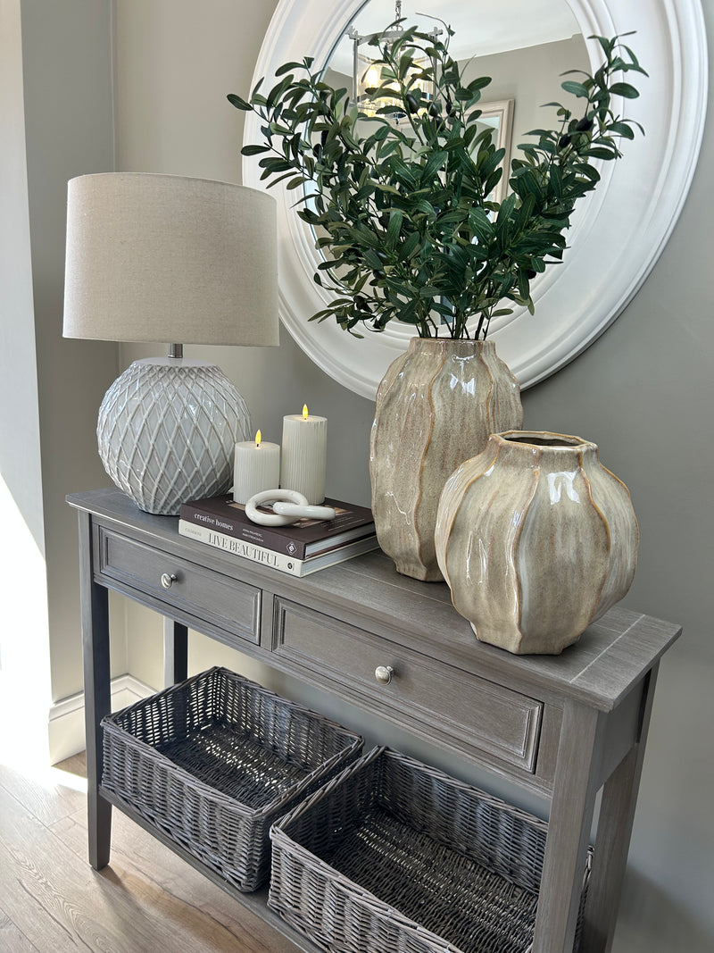 Washed wood 2 drawer console table with shelf
