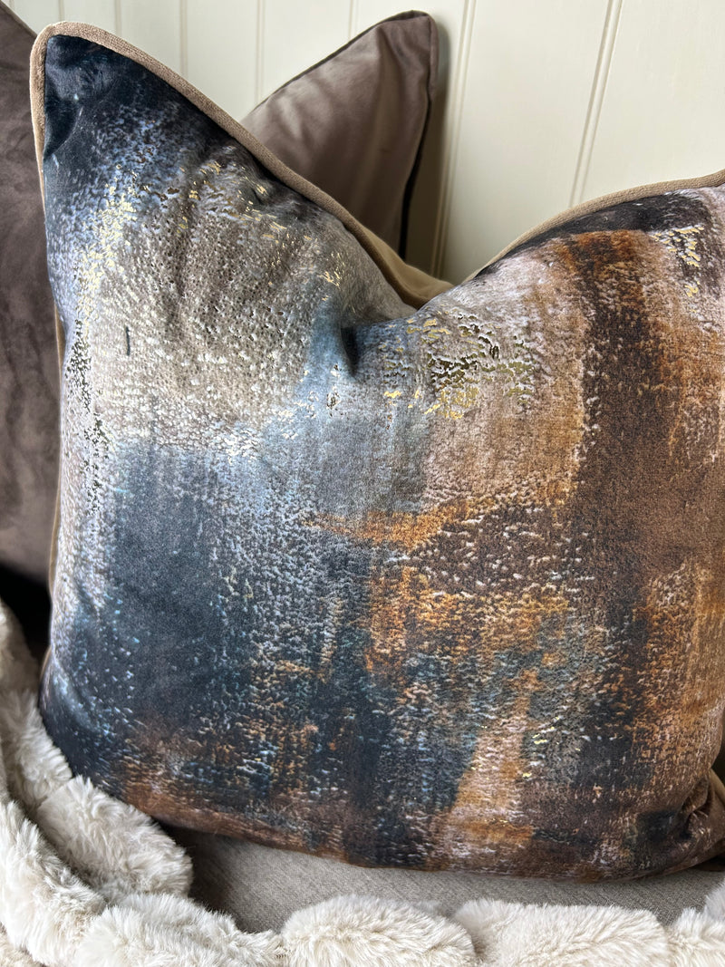 Paul Moneypenny Bronze brown navy Abstract Too Good Velvet Cushion 45cm