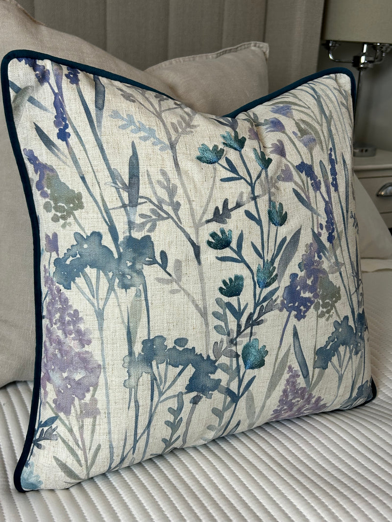 Blue Purple Linen & Velvet  Meadow Print Cushion luxury floral 45cm