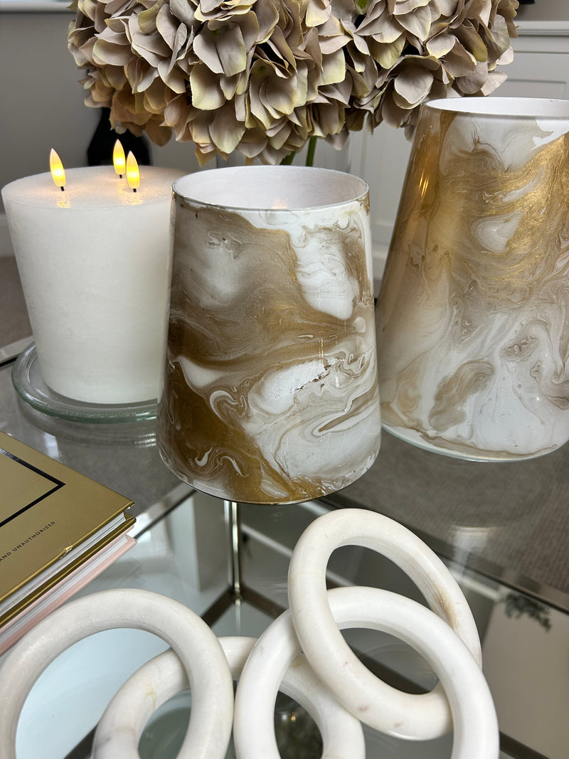 Marbled Gold & White Hurricane Candle Holder