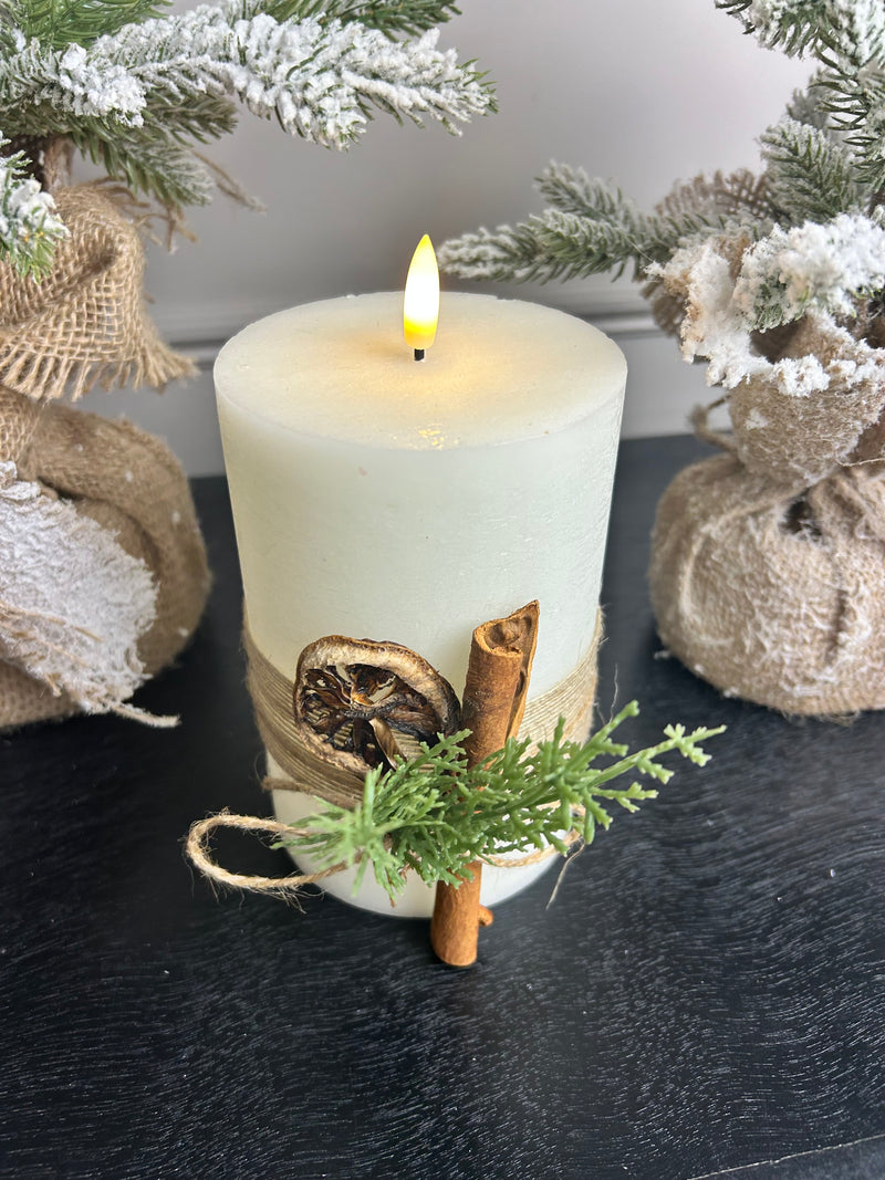 Large LED foliage hessian candle cream 10cm