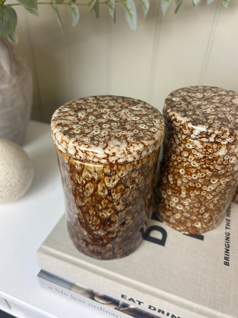 Reactive brown mottled print lidded canisters jars