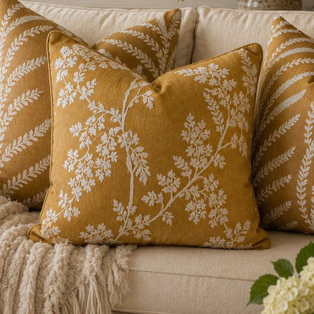 Stunning julane mustard ochre foliage embroidered print cushion 45cm