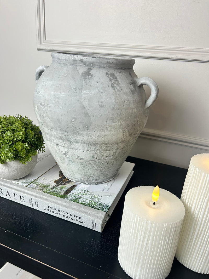 Grey stone rustic double handle vase