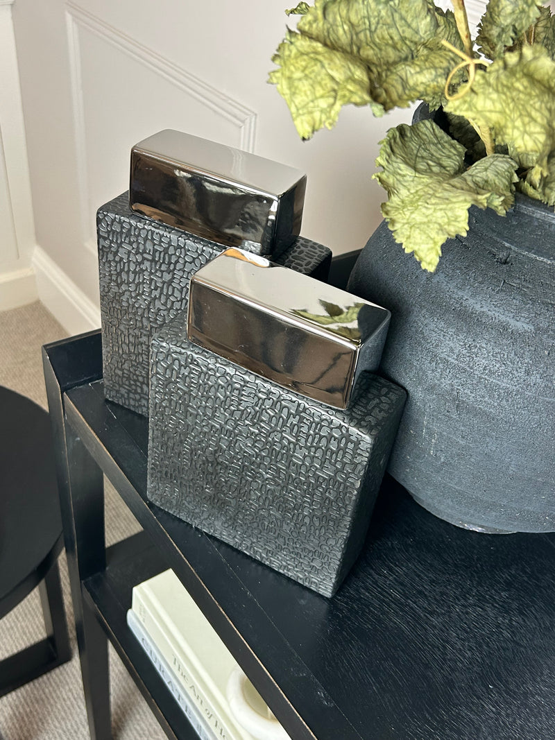 Black silver ceramic textured lidded ginger jars