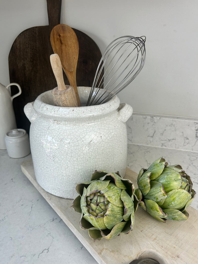 Ravello large chunky crackle glaze pot with handles off white utensils