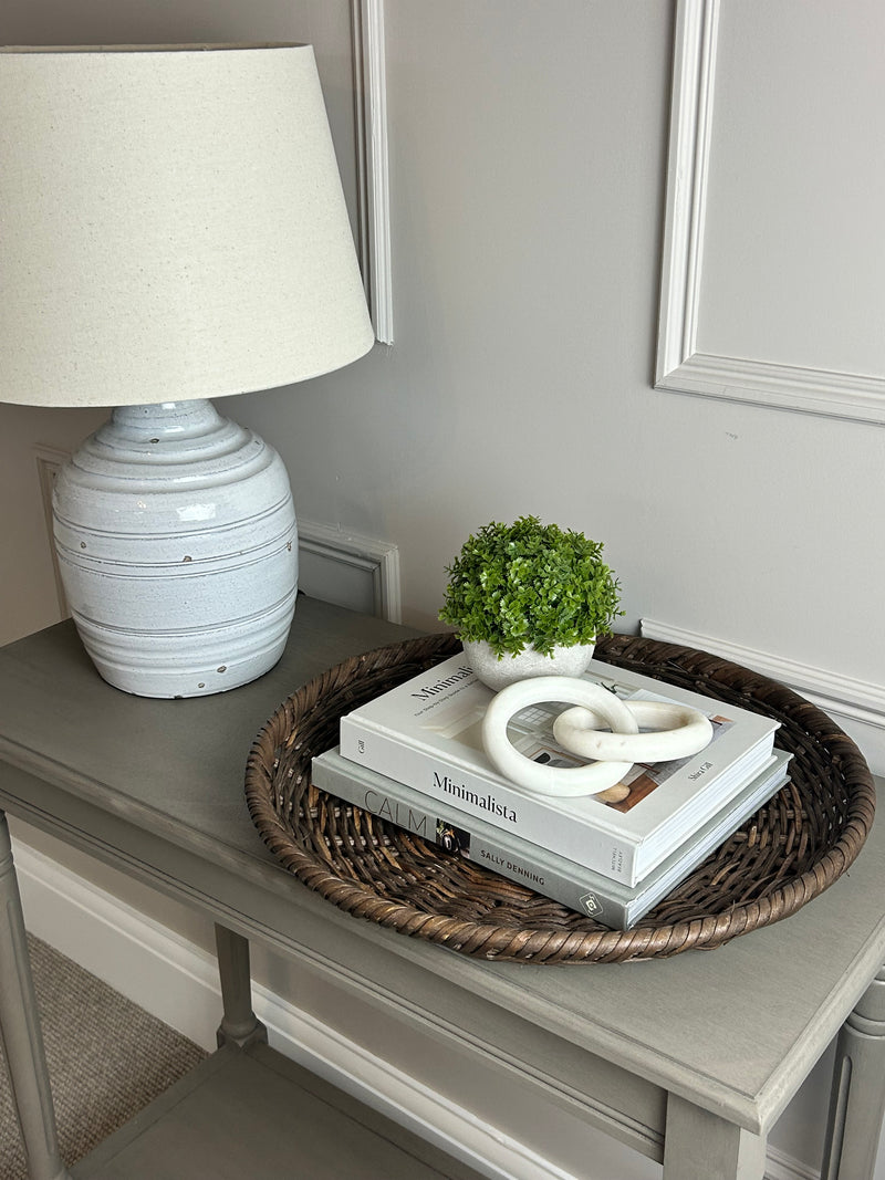 Thalia stone distressed lamp with linen shade