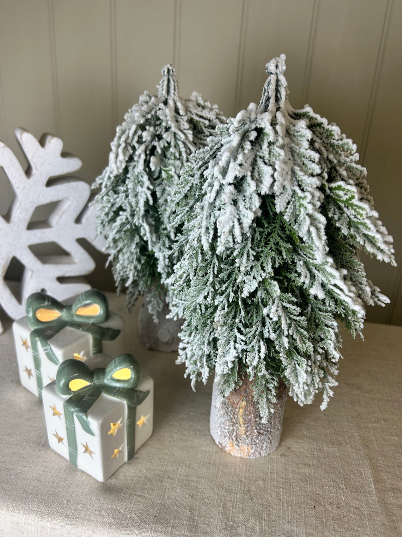 Snowy Fir Tree on Tall dWood Base 30cm