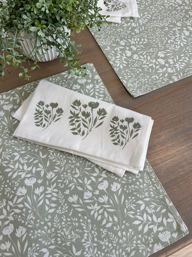 Set of 4 sage green floral cotton placemats and linen cotton napkins