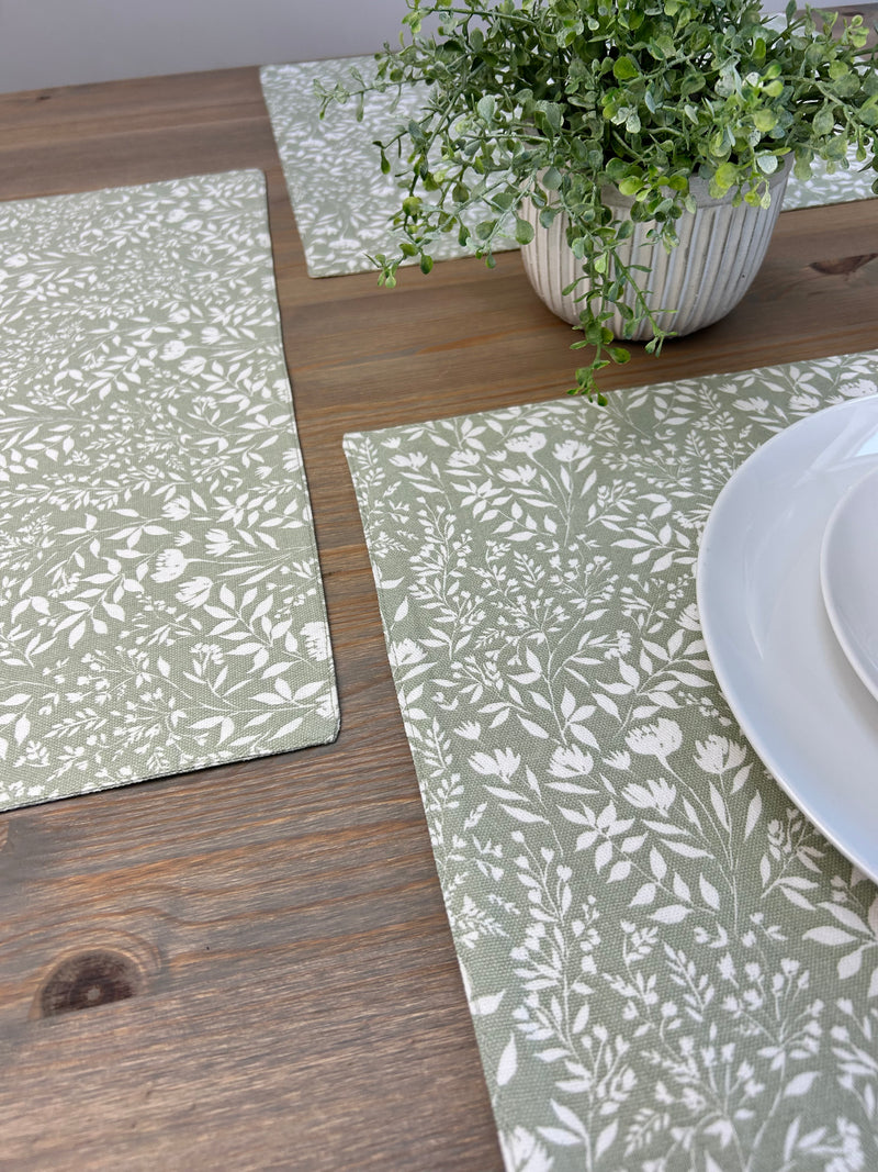 Set of 4 sage green floral cotton placemats and linen cotton napkins